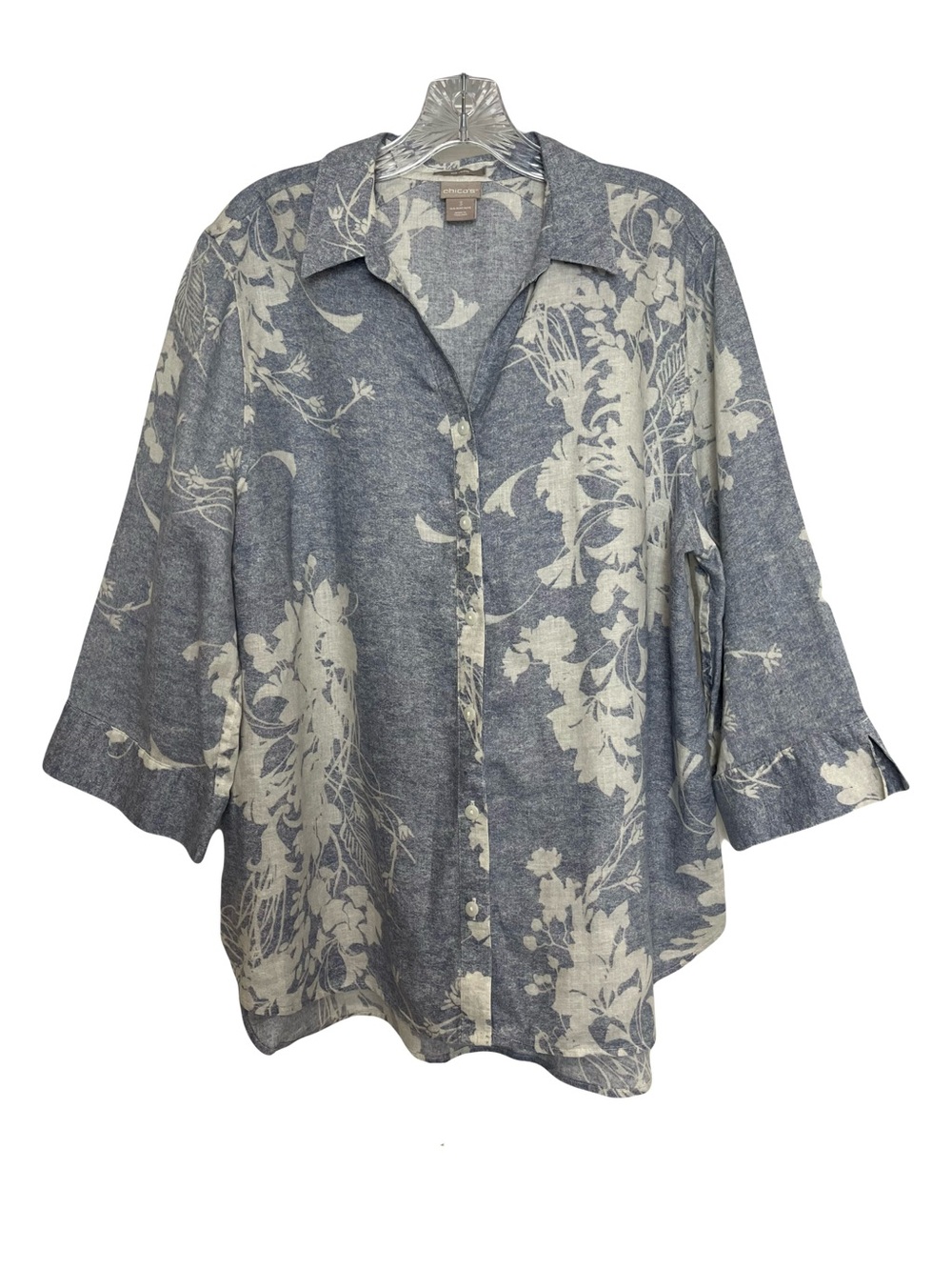 Chicoโs | Linen No Iron Blue Floral Button Up Shirt, XL